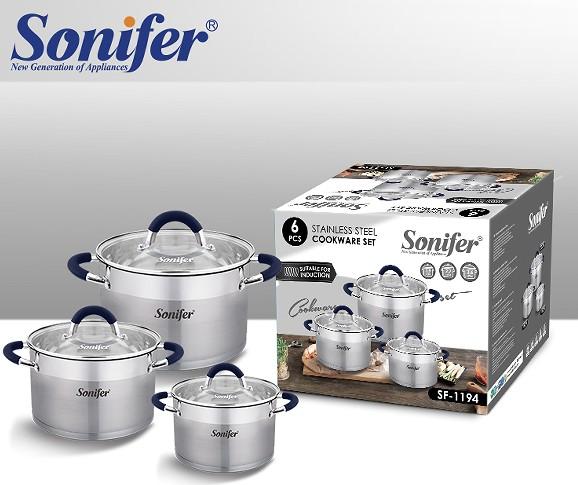 سرویس قابلمه استیل ۶ پارچه سونیفر مدل SF-1194 با درب شیشه‌ای